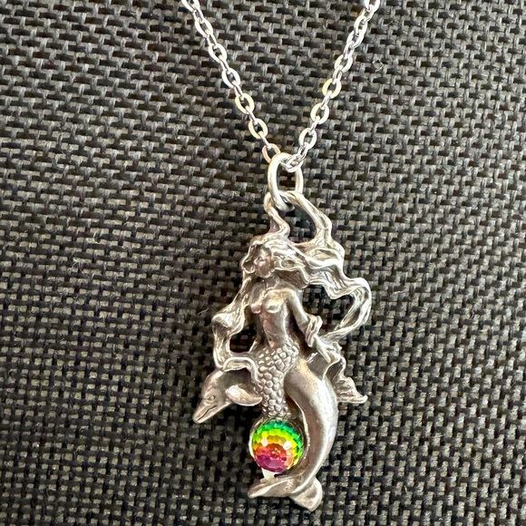 Mermaid on Dolphin Pendant Necklace -  Sterling Silver - Picture 2 of 7